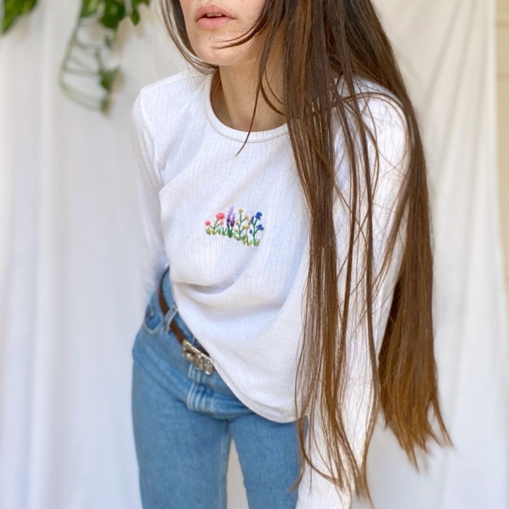 SOLD Embroidered Wildflower White Long Sleeve Top
